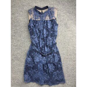 Erdem Dress Womens 8 Blue Floral Lace Mock Neck Belted Fit & Flare Mini Party